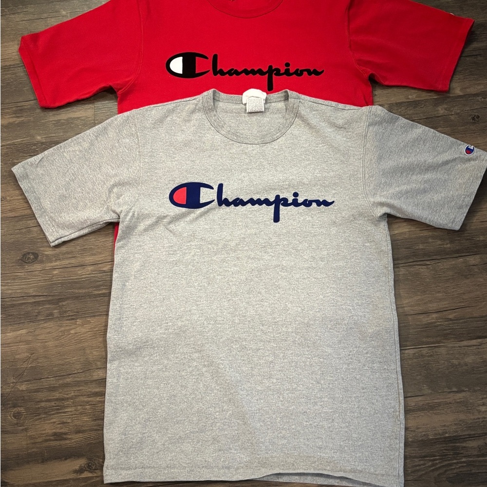 Mens 2 Champion shirts. Red and Gray Short Sleeve Tees